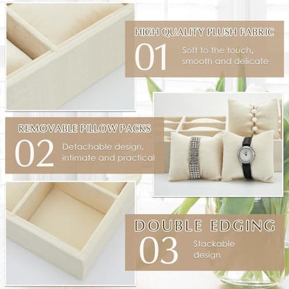 2 Pieces 12 Grid Velvet Watch Tray Jewelry Organizer Stackable Watch Bracelet Bangle Display Holder Adjustable Pillow(Beige)