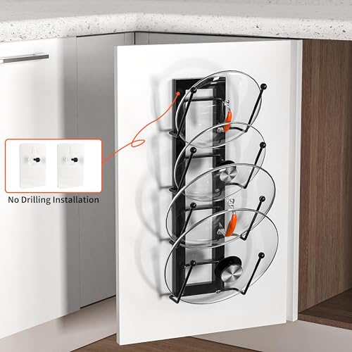 8 Layers of Adjustable Pot Lid Organizer Rack for Cabinet Door/Wall，2Pack Lid Organizer Pots and Pans Holder for Kitchen Storage with No Drilling Adhesive 5.7 W“(Black)