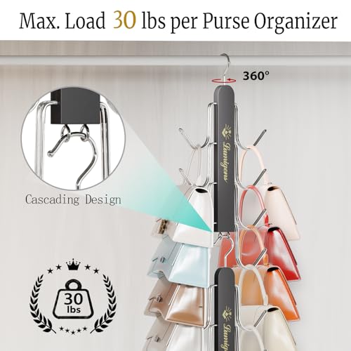 Purse Hanger, 2 Pack Purse Organizer for Closet with 16 Hooks for Heavy Bags, Sturdy Bag Storage, Rotatable Handbag Holder, Purse Rack Space Saving Backpack Hanging Closet Organizer Hangers, Black