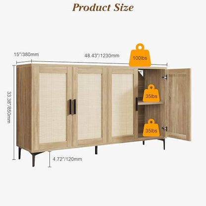 JASIWAY Buffet Cabinet with Storage, 48" Rattan Coffee Bar Cabinet Station | Accent Sideboard with Adjustable Shelves, Credenza for Dining Room, Kitchen, Living Room, Entryway, Anti-Tip, Wood