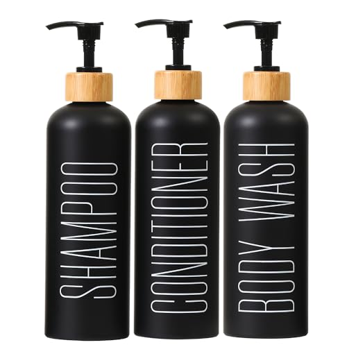 16oz 3-Pack Refillable Black Bathroom Shower Set - Empty Bottles with Pump for Shampoo, Conditioner, or Body Wash