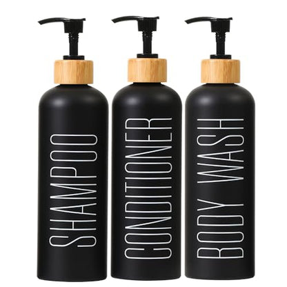 16oz 3-Pack Refillable Black Bathroom Shower Set - Empty Bottles with Pump for Shampoo, Conditioner, or Body Wash