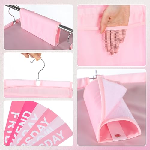 Thyle 6-Shelf Weekly Clothes Organizer for Kids, Hanging Daily Closet Organization with 12 Side Pockets, Pink Days of the Week Clothing Divider Storage for Boys and Girls