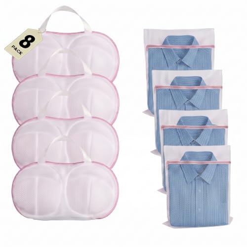 8 Pcs Bra Washing Bags, Lingerie Bag for Washing Brassiere, Pink, A-D Cups | Women & Girls Bra Washer Protector | Home and Travel Use | Concealed Zipper | Breathable Mesh Fabric | Easy to Clean