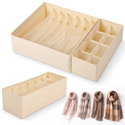 Soft Scarf Organizer for Closet Drawer 3 Set Fabric Storage Bins with 6, 7, and 8 Compartments for Scarves and Accessories Space Saving Closet Organizers Non Damaging Flexible Storage for Home (Beige)