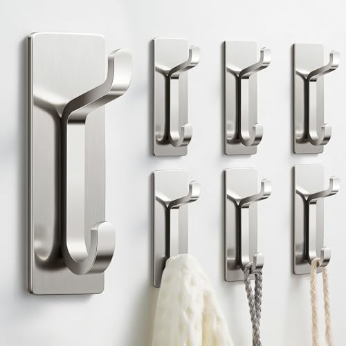 pickpiff 13LB Strong Stick-on Hooks for Coat & Towel, Brushed Nickel 6 Pack