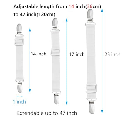 10 pcs Adjustable Bed Sheet Straps,Bed Sheet Clips, Elastic Bed Fitted Sheet Holder from 14 to 47 Inch,Couch/Sofa Cover Straps,Sheet Fastener Suspenders,Fitted Sheet Straps Clips,White