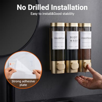 Shampoo and Conditioner Dispenser,Shower Soap Dispenser 3 Chamber No Drill Wall-Mounted for Bathroom & Hotel Leak-Proof Pumps, for Thick Liquids Like Conditioner - 1050ML High Capacity,Gold