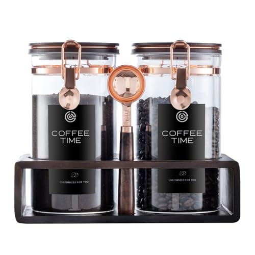Glass Coffee Canister Set with Wooden Shelf, 2 Pack 45oz Airtight Food Storage Containers with Lids & Spoons, Large nisters for Coffee Beans, Sugar, Tea, Nuts