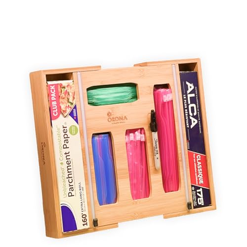 3" Slim 6-in-1 Expandable Storage Bag Organizer Kitchen Drawer - Bamboo Baggie Organizer for Drawer, Aluminum Foil & Saran Wrap Cutter, Plastic, Gallon, Quart & Sandwich Bags (11.5"-17.63" Wide)