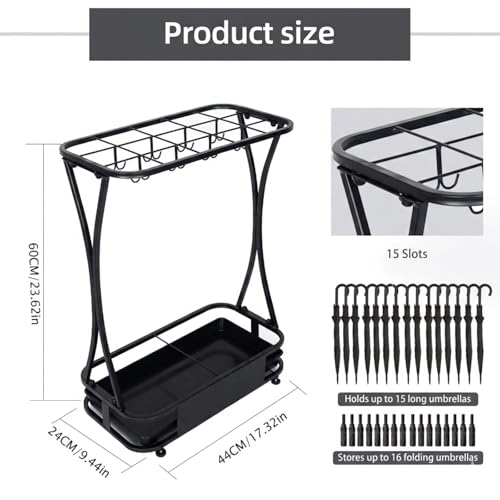 15 Slot Umbrella Stand with 8 Hooks – Heavy Duty Metal Indoor Umbrella Rack Holder with Removable Drip Tray – Large Commercial Entryway Organizer for Office, Lobby or Home