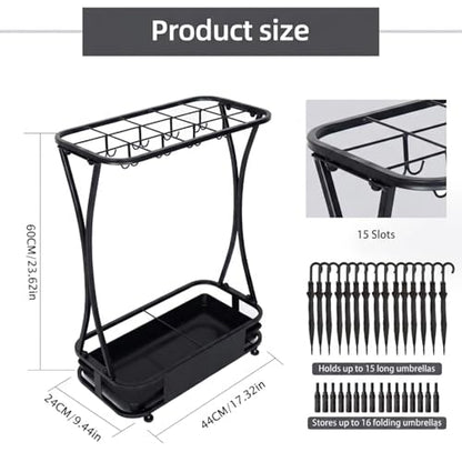 15 Slot Umbrella Stand with 8 Hooks – Heavy Duty Metal Indoor Umbrella Rack Holder with Removable Drip Tray – Large Commercial Entryway Organizer for Office, Lobby or Home