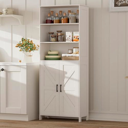 67" Tall Bathroom Storage Cabinet, Bathroom Floor Cabinet | Freestanding Farmhouse Cabinet with Doors and Adjustable Shelf, Linen Cabinet for Bathroom, Living Room, Laundry Room, White