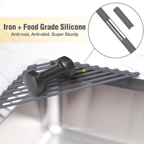 Tomorotec Roll Up Dish Drying Rack with Silicone Coating, Deep Gray | 304 Stainless Steel with BPA-Free Silicone, Triangle Design Maximizes Sink Corner Space, Fits Compact Kitchens And RVs