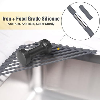 Tomorotec Roll Up Dish Drying Rack with Silicone Coating, Deep Gray | 304 Stainless Steel with BPA-Free Silicone, Triangle Design Maximizes Sink Corner Space, Fits Compact Kitchens And RVs