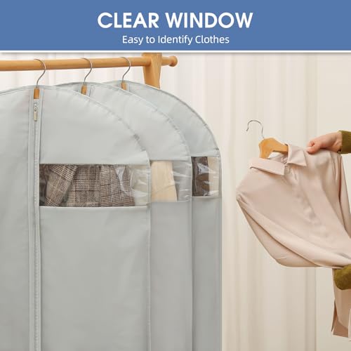 Dress Bags for Gowns, 65'' Long Garment Bags for Hanging Clothes, Dress Garment Bag, Grey Dress Cover with Clear Window for Dresses, Coats, Uniforms - 2 Pack