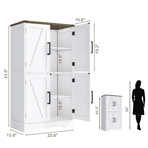 Farmhouse Bathroom Floor Cabinet with Adjustable Shelves | 13.78"D x 23.62"W x 43.46"H, Freestanding Kitchen Pantry Cabinet, Cupboard for Living Room, Dining Room, White