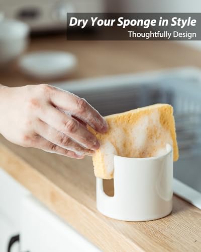 Sponge Holder for Kitchen Sink, Ceramic Dish Sponge Drying Caddy | Scrubby Daddy Kitchen Storage Organizer Cute Dish Brush Drying Rack for Sink Counter, Farmhouse Kitchen Decor, Beige White
