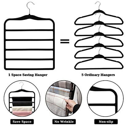 Closet Organizers and Storage, 3 Pack Velvet Pants-Hangers-Space-Saving | Non Silp 5 Tier Scarf Jeans Closet Organizer, Dorm Room Essentials for College Students Girls Boys Guys, Home Storage