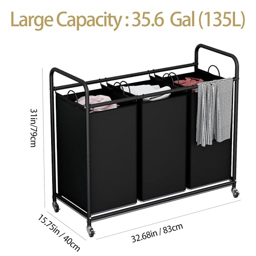 LINZINAR 3 Section Laundry Hamper, Black Laundry Basket 135L Laundry Sorter | Laundry Room Organization with Heavy Duty Rolling Lockable Wheels and Removable Bag, Bedroom Laundry Cart for Clothes Storage