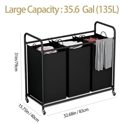 LINZINAR 3 Section Laundry Hamper, Black Laundry Basket 135L Laundry Sorter | Laundry Room Organization with Heavy Duty Rolling Lockable Wheels and Removable Bag, Bedroom Laundry Cart for Clothes Storage