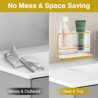 Gold Toothbrush Holders for Bathrooms, 2 Cups Toothbrush Holders Wall Mounted, Dry & Wet Separation, Bathroom Organizer and Storage - Bathroom Toothbrush Holder Set for Family Kids