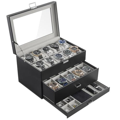 ProCase 3-Layer Watch Box with Glass Lid for Men, 20-Slot, Black | PU Outer, Velvet Lining, Jewelry Storage Organizer with Drawer, for Straps Cufflinks Rings, Gift for Men Father Dad Husband