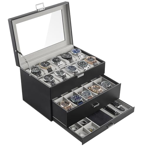 ProCase 3-Layer Watch Box with Glass Lid for Men, 20-Slot, Black | PU Outer, Velvet Lining, Jewelry Storage Organizer with Drawer, for Straps Cufflinks Rings, Gift for Men Father Dad Husband