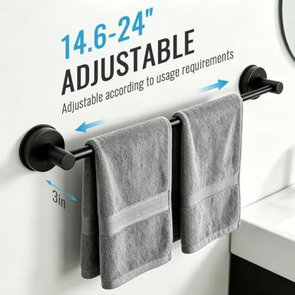 No Drill Suction Cup Towel Bar with Adjustable 14.6-24In | Strong Adhesive Wall Mount, Thickened Stainless Steel Matte Black Towel Rack for Renters, Bathroom Shower & Kitchen Storage