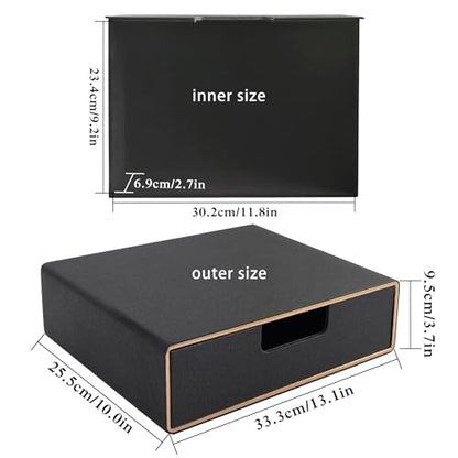 Stackable Organizer Drawer PU Leather Classic Handmade,Organize Home Office Desk Accessories and Sort Letter-Size Paper/a4 Document,Desk Caddy with Drawers Storage Box,13.1x10x3.7inches,Black