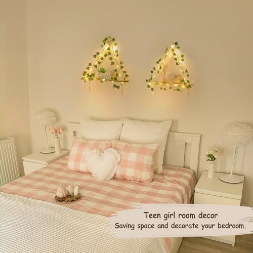 Mkono Macrame Wall Hanging Shelves Set of 2 with Artificial Ivy Lights | Boho Wall Decor, Wood Floating Storage Shelf, Display Plants Photos, Bedroom Bathroom Living Room Nursery Dorm Kitchen, White