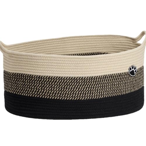 Optish 40L Extra Large Dog Toy Basket, XL Toy Storage Box and Bin with Handles, 20" x 14" x 9" Woven Cotton Rope Foldable Basket for Blankets, Living Room, Bedroom, Home Decor, Black & Brown