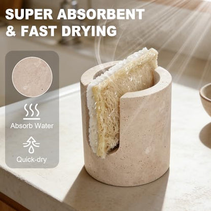 Natural Travertine Sponge Holder for Kitchen Sink Counter w A Plant-Based Kitchen Sponge, Fast Drying, Durable, Compact, Wabi-Sabi & Unique Sponge Caddy, Sink Organizer, Beige Travertine Home Decor
