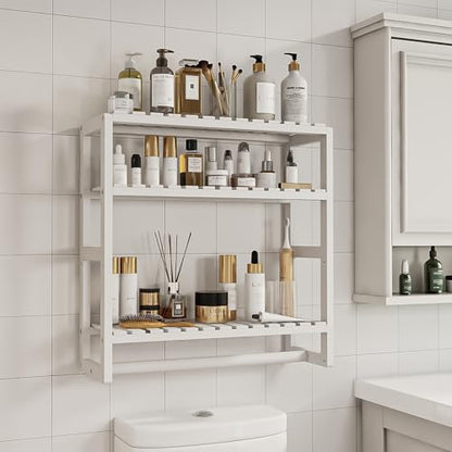Galood Over The Toilet Storage Bathroom Shelves Wall Mounted 3 Tier White | Space Saver Corner Shelf Organizer Bamboo Towel Rack Toilet Paper Cabinet with Hanging Rod