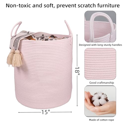 XUANGUO Cotton Rope Laundry Basket Hamper for Girls Kids Baby Nursery Pink | Large Nursery Hamper Bin and Woven Storage Basket for Living Room Girls Room Boho Tall Rope Baskets for Blankets Toys