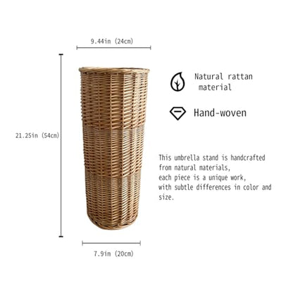 Natural Rattan Umbrella Stand for Entryway, 21.2H x 9.4L x 9.4W, Detachable Drip Tray & 2 Metal Hooks – Storage for Umbrellas, Canes & Walking Sticks, Stylish Home Decor