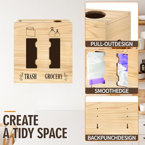 2 in 1 Trash Bag Dispenser and Grocery Bag Holder, Large Wooden Plastic Bag Holder, Wall Mount Trash Bags Holder for Grocery and Plastic Bags, Kitchen and Laundry Room Organization
