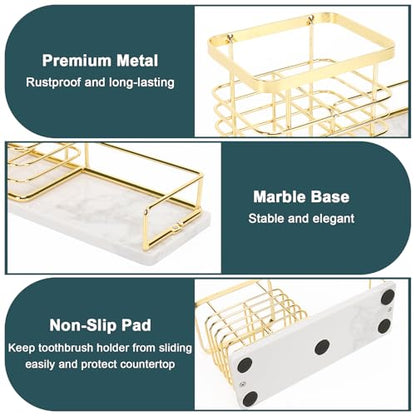 Toothbrush Holder, Luxurious Metal Toothbrush Toothpaste Holder with Marble Base for Bathroom, Multi-Slots Openwork Design, Bathroom Accessory for Storage and Organizer (Large, Gold)