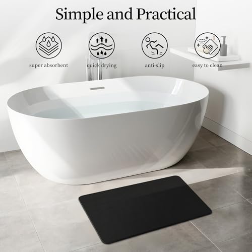 THMINS Black Stone Bath Mat, 24''x16'' Stone Shower Mat | Diatomite Stone Bath Mat, Super Absorbent, Quick-Drying, Non-Slip, and Easy to Clean for Bathroom