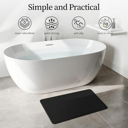 THMINS Black Stone Bath Mat, 24''x16'' Stone Shower Mat | Diatomite Stone Bath Mat, Super Absorbent, Quick-Drying, Non-Slip, and Easy to Clean for Bathroom