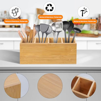Wingsife Utensils Holder with 4 Compartments, Bamb... (Classic | Bamboo)