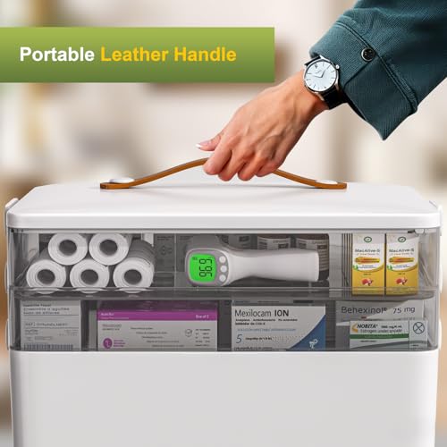 JOYBOS 3-Tier Medicine Storage Box Cabinet, Empty First Aid Kit Portable Medical Supply Organizer with Leather Handle for Home 3-Tier Medicine Storage Box