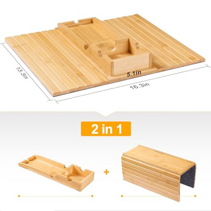 Bamboo Sofa Armrest Tray - Couch Arm Tray with Detachable Couch Cup Holder - 2 in 1 Anti-Slip Foldable Sofa Armchair Caddy Table for Drinks Cellphone TV Remote Snacks