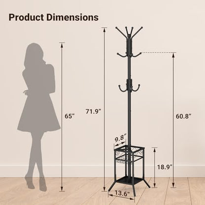 Coat Rack Freestanding, Metal Coat Rack with Umbrella Holder | 12 Hooks, Square Base, Heavy Duty Floor Standing Coat Tree for Entryway, Hallway, Living Room, Bedroom, Office, Black