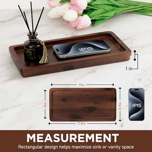 Bathroom Vanity Tray, Dark Brown Acacia Wood Tray, 11.8 x 5.9 in | Wooden Countertop Organizer for Cosmetics Jewelry Candle & Keys, Decorative Tray for Toilet Tank, Kitchen & Sink Decor