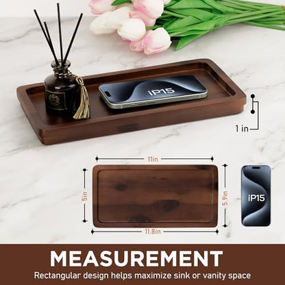 Bathroom Vanity Tray, Dark Brown Acacia Wood Tray, 11.8 x 5.9 in | Wooden Countertop Organizer for Cosmetics Jewelry Candle & Keys, Decorative Tray for Toilet Tank, Kitchen & Sink Decor