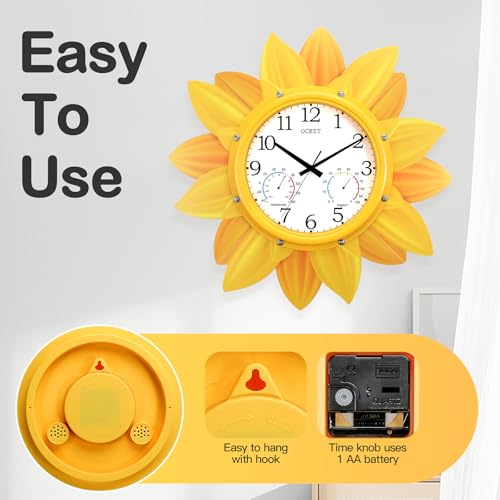 24 Inch Waterproof Sunflower Outdoor Clock, Thermometer Hygrometer | Silent non-ticking movement, metal petal design for patio, garden, pool, garage, porch, and backyard decor