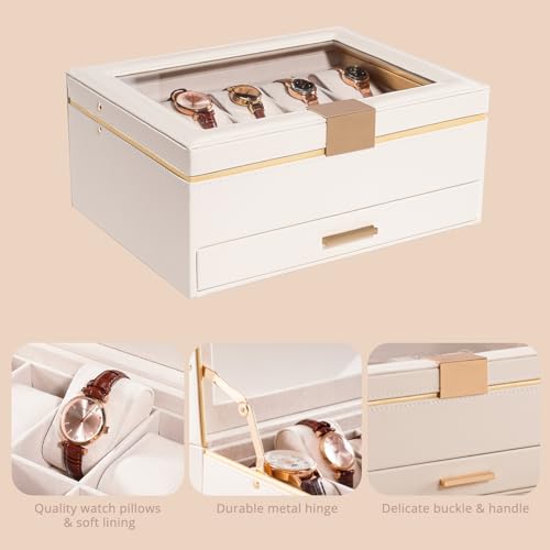 ProCase Watch Case for Women, Valentine Gifts, 10 Slot Watch Display Case with Drawer, 2-Layer Womens Watch Box, 10 Watch Box Organizer, Jewelry and Watch Holder Storage Case with Glass Lid -Beige
