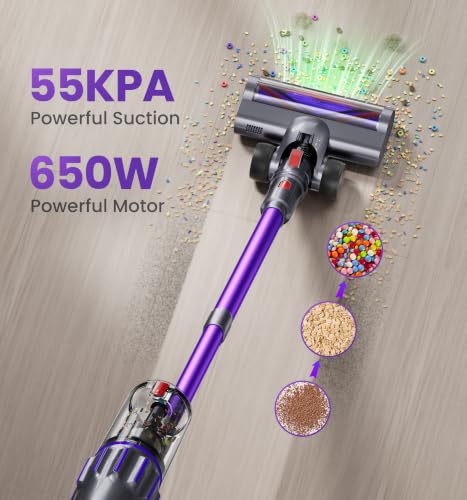 90Mins Cordless Vacuum Cleaner,Upgraded 650W 55KPA Cordless Stick Vacuum with Smart Display,1.8L Cup,V-Shaped Anti-Tangle Brush,Wall Mount Charging,Self-Standing Vacuum Cleaners for Home,Floor,Carpet