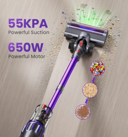90Mins Cordless Vacuum Cleaner,Upgraded 650W 55KPA Cordless Stick Vacuum with Smart Display,1.8L Cup,V-Shaped Anti-Tangle Brush,Wall Mount Charging,Self-Standing Vacuum Cleaners for Home,Floor,Carpet